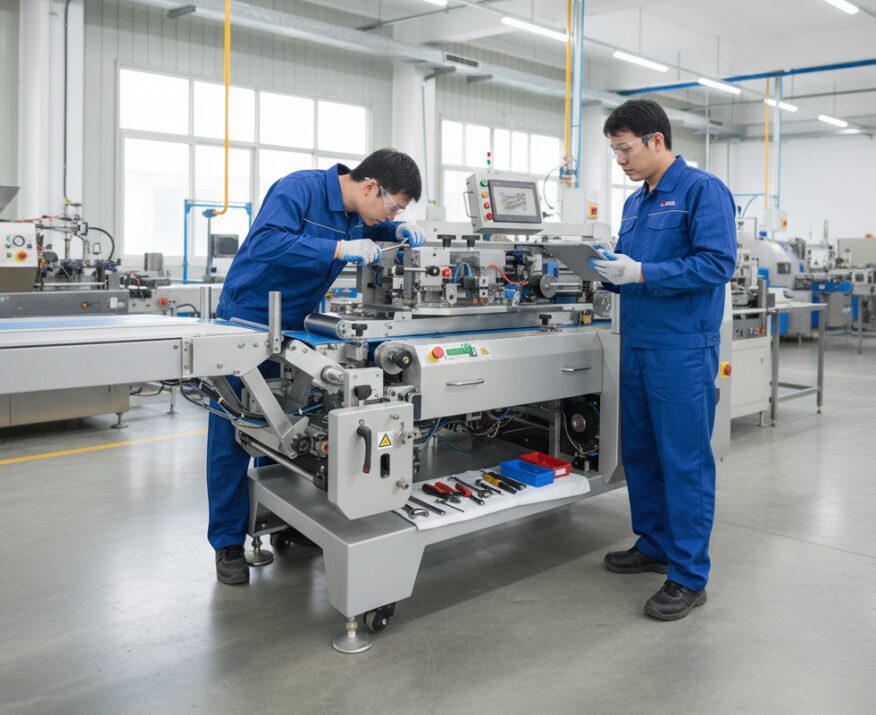 Workers are checking and maintaining the packaging machine