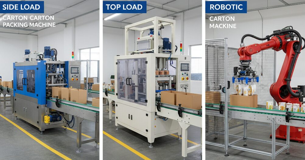 Different types of carton packing machines: side load, top load, and robotic solutions
