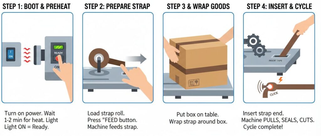 How to use a semi-automatic (desktop) strapping machine