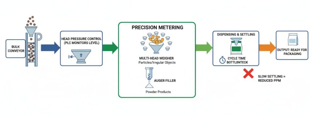 The feeding and metering steps of the packaging machine.
