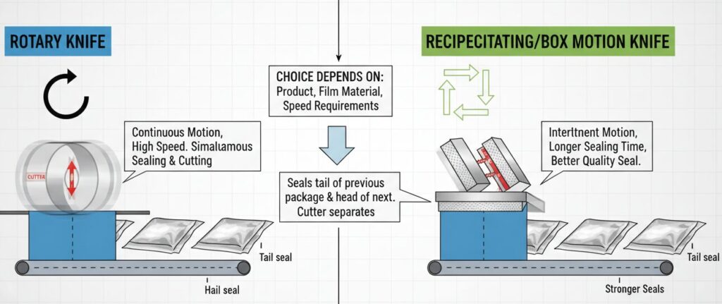 Flow wrapping machine sealing and cutting principle