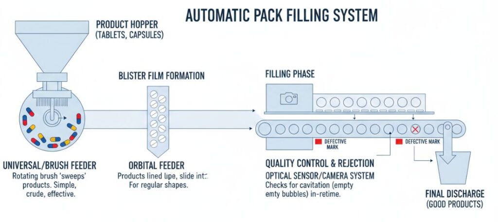 Automatic material filling process for blister packaging machines