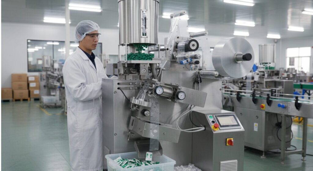 Photos of the packaging machine in operation.