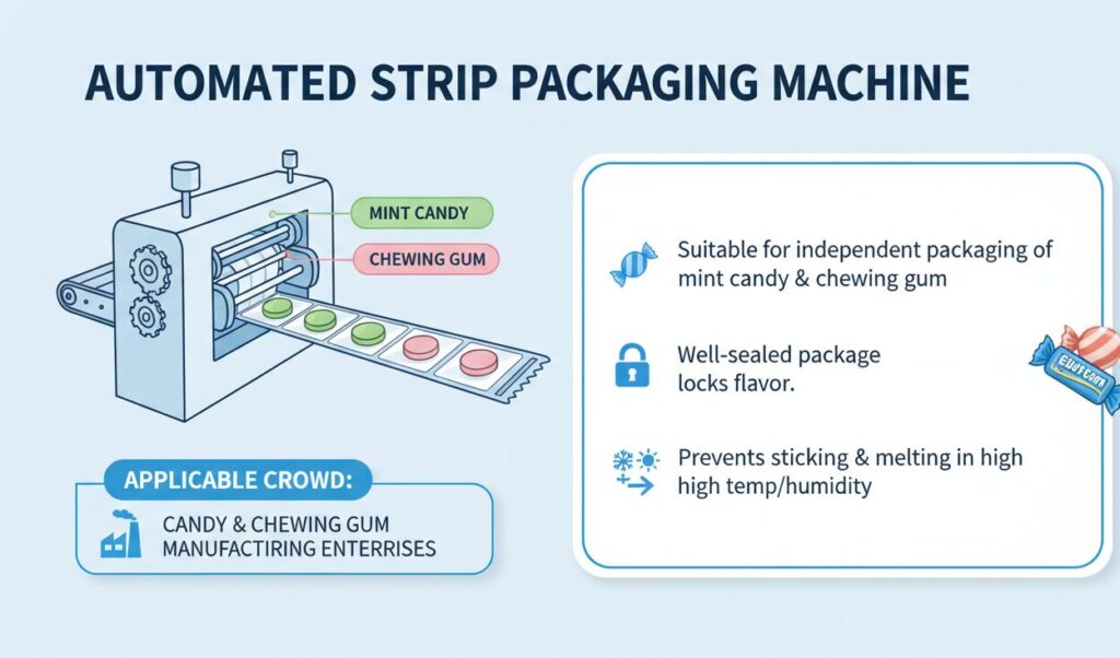 Automated Strip Packaging Machine contrast points To Candy and chewing gum manufacturing enterprises