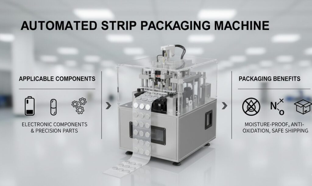 Automated Strip Packaging Machine contrast points To Electronic components and precision parts packaging