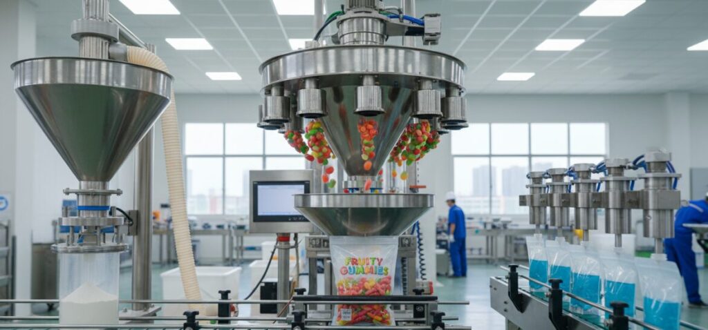 The packaging machine features precise metering and dispensing.