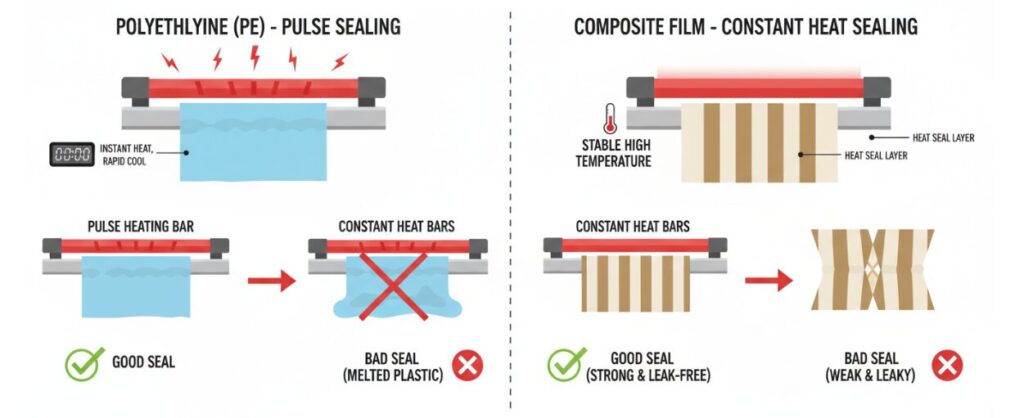 When selecting a packaging machine, it is necessary to ensure the compatibility of the packaging material with the sealing jaw.