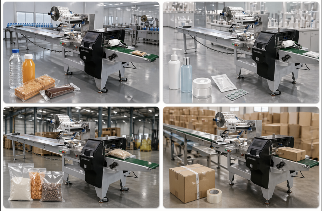 Packaging machines are packing food and beverages.