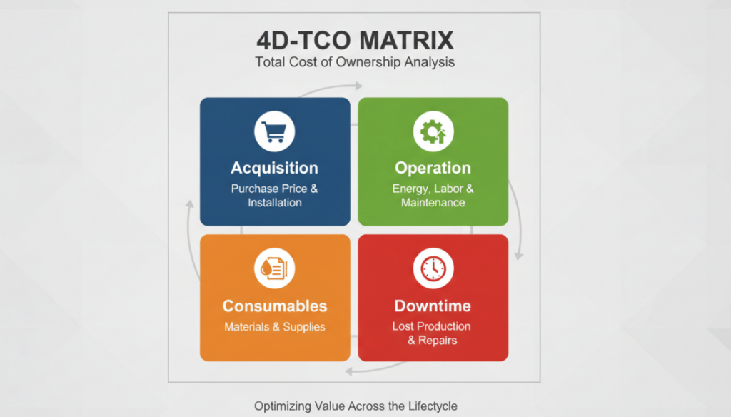 a customized infographic showing the 4D-TCO Matrix chart highlighting Acquisition, Operation, Consumables, and Downtime.