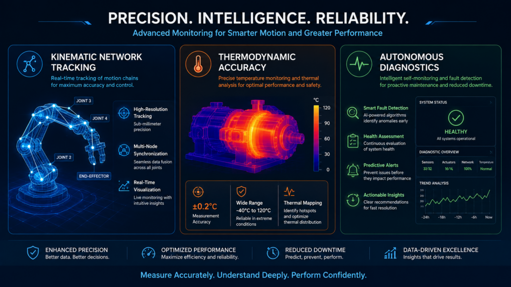 An Infographic Featuring: Kinematic Network Tracking, Thermodynamic Precision, And Autonomous Diagnostics.