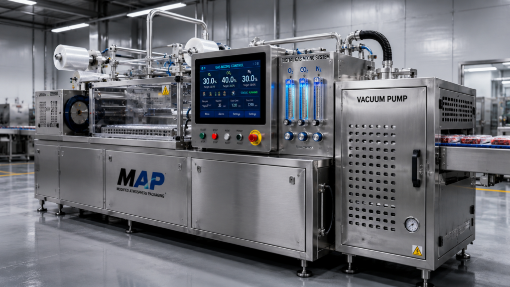 A High-Resolution Image Of An Industrial-Grade, In-Line Map (Modified Atmosphere Packaging) Machine, Set On A Stainless-Steel Factory Floor, Showcasing The Digital Gas-Mixing Control Panel And The Vacuum Pump Housing.