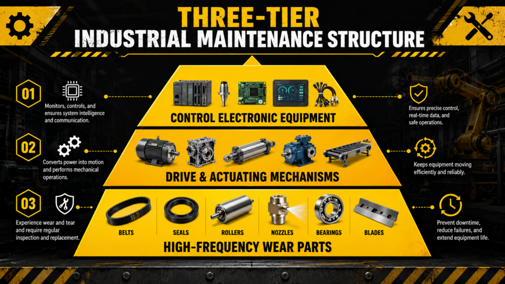An Infographic. Bottom Layer: High-Frequency Wear Parts; Middle Layer: Drive And Actuation Mechanisms; Top Layer: Control Electronics. The Image Uses A High-Contrast Industrial Color Scheme Of Yellow And Black.