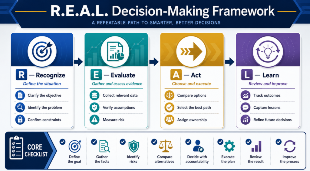 Please insert an infographic here: a visual representation of the four pillars and core checklist of the R.E.A.L. decision-making framework.